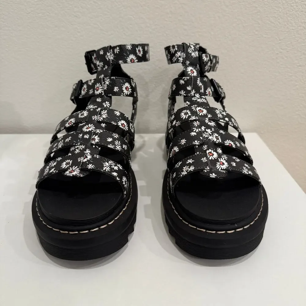 Union Bay Downtown Gladiator Blk/Wht Floral Strappy Chunky Sandals Womens Sz 10M